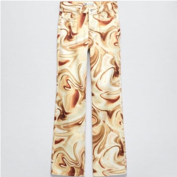 Zara Funky Marbled Flare Jeans Size‎ 26 Cream Brown - Picture 1 of 5